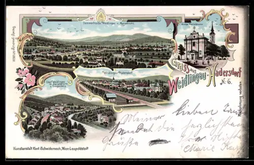 Lithographie Wien, Weidlingau-Hadersdorf, Sanatorium u. Georgenberg, Kirche Mariabrunn