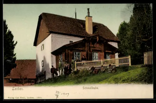 AK Leoben, Gasthaus Schmollhube mit Besuchern