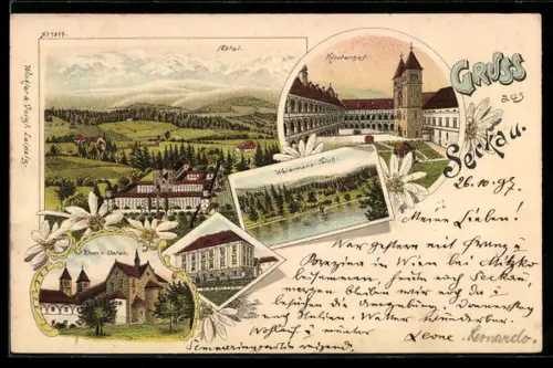 Lithographie Seckau, Klosterhof, Dom v. Osten, Weiermans-Teich