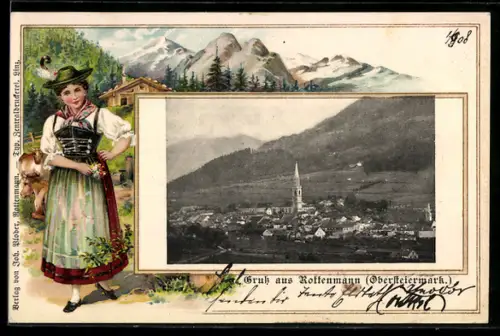 Präge-AK Rottenmann /Obersteiermark, Ortsansicht im Passepartout mit Dame in Tracht