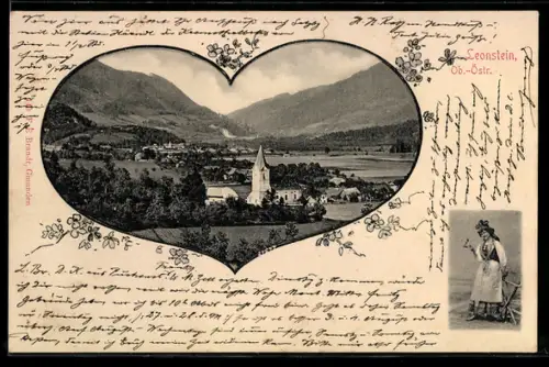 AK Leonstein /Ob.-Östr., Ortsansicht im Herz-Passepartout, Dame in Tracht