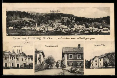 AK Friedburg /Ob.-Oesterr., Jagdschloss, Strassenansicht und Doktor-Villa
