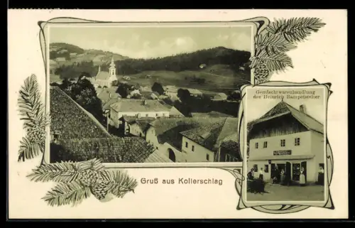 AK Kollerschlag, Gemischtwaren H. Rampetsreiter, Teilansicht mit Kirche aus der Vogelschau, Tannenzweige