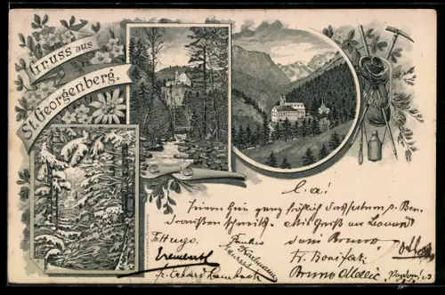 Lithographie Stans /Tirol, Kloster St. Georgenberg, Bergsteigerausrüstung