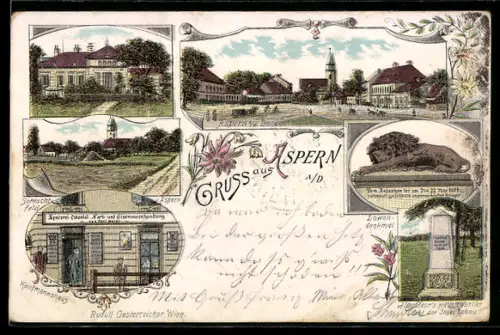 Lithographie Wien-Aspern a. d. Donau, Kaufmannshaus des Carl Maier, Schlachtfeld, Villa Portois