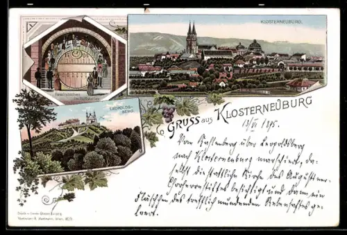 Lithographie Klosterneuburg, Ortsansicht mit Leopoldsberg und Stiftskeller