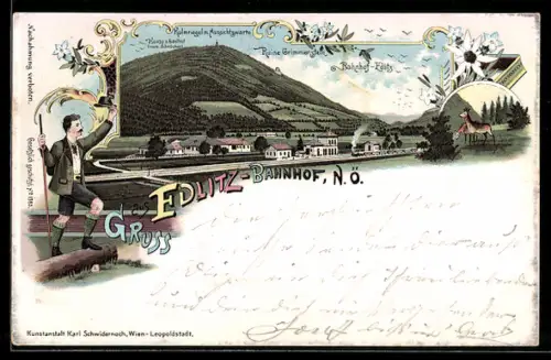 Lithographie Edlitz /N.-Oe., Teilansicht mit Bahnhof, Ruine Grimmenstein