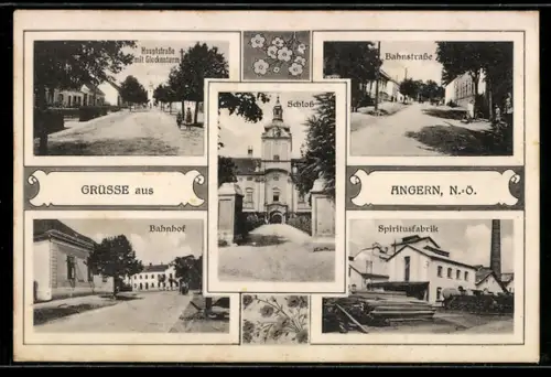 AK Angern, Schloss, Bahnhofstrasse, Spiritusfabrik, Bahnhof