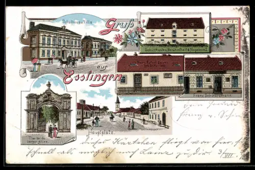 Lithographie Wien-Essling, Hauptplatz, Haus Franz Schwarzmann, Schüttkasten