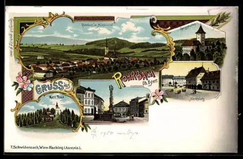 Lithographie Rohrbach im Mühlviertel, Marktplatz, Sprinzenstein, Maria Trost, Totalansicht