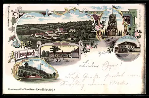 Lithographie Altlengbach, Ortsansicht von oben, Wienerwald-Warte, Gastwirtschaft am Hart