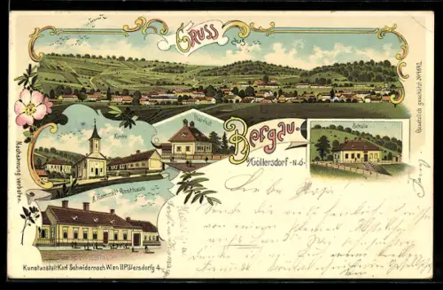 Lithographie Bergau b. Göllersdorf, A. Rammel`s Gasthaus, Kirche, Pfarrhof, Schule, Totalansicht des Ortes