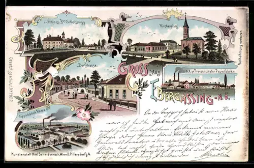 Lithographie Ebergassing /N.Ö., Kirchenplatz, K.K. Franzensthaler Papierfabrik, Teppichfabrik Haas & S., Ortsstrasse