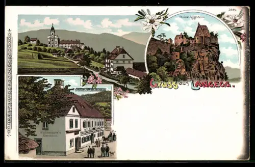 Lithographie Maria Langegg, Kaltenegger`s Gasthaus, Ruine Aggstein, Ortsansicht