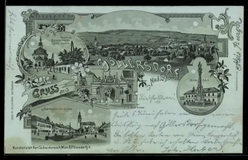 Mondschein-Lithographie Göllersdorf /Nied. Österr., Mariensäule, Marktplatz mit Kirche, Torbogen zur k.k. Strafanstalt