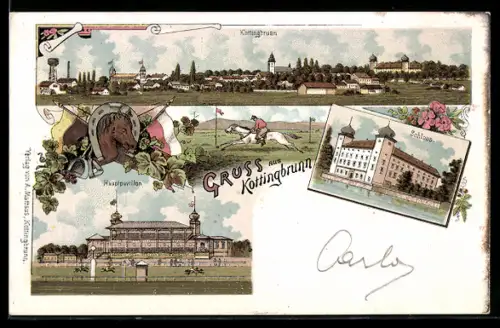 Lithographie Kottingbrunn, Hauptpavillon, Schloss, Totalansicht des Ortes