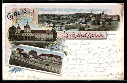 Lithographie Schwarzenau /Waldviertel, Bahnhof mit Bahnhofsrestaurant, Schloss, Ortsansicht