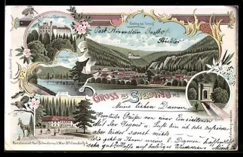 Lithographie Sieding /N.Ö., Gasthaus zur Stixensteiner Quelle, Schloss Stixenstein, Stixensteiner Park