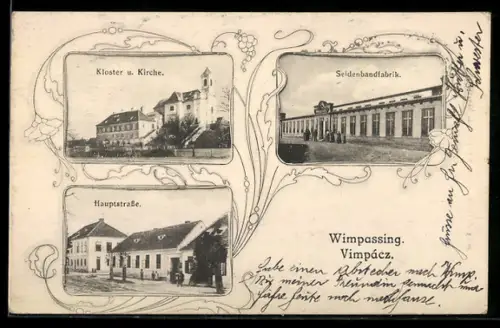 AK Wimpassing an der Leitha, Kloster und Kirche, Seidenbandfabrik, Hauptstrasse