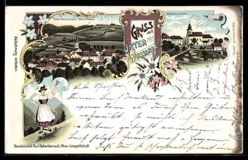 Lithographie Unter-Weissenbach /Ober-Oesterr., Kaltenberg-Kirche, Frau in Tracht, Ortsansicht