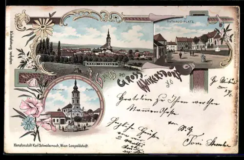 Lithographie Weikersdorf, Bade-Anstalt, Rathaus-Platz, Kirchen-Platz