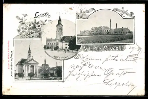 AK Wiener Neudorf, Ziegelei Merzfelder, Alter Turm, Blick auf die Kirche