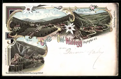 Lithographie Waldegg, Oed /Piestingthal, Ortsansichten der Ortsteile