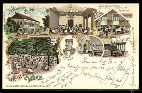 Lithographie Wien, Hetzendorfer Casino, Fritz Hartwiger, Saal, Gastzimmer, Schank, Küche