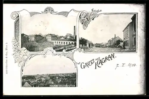 AK Kagran, Kolonie Aspernstrasse, Ortsansicht gegen Osten, Reichsstrasse mit Volksschule