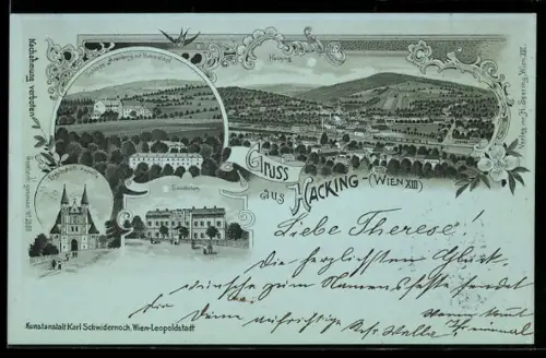 Mondschein-Lithographie Wien, Hacking, Erzbischöfliche Kapelle, Schloss Arenberg, Sanatorium