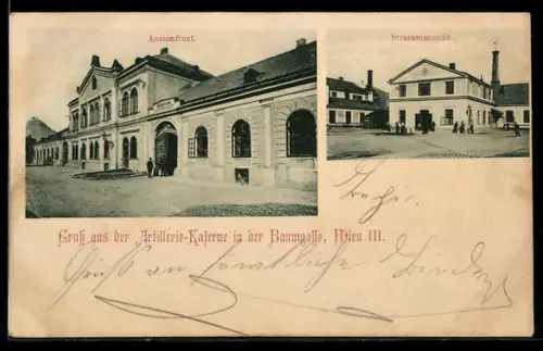 AK Wien, Artillerie-Kaserne in der Baumgasse, Aussenfront und Strassenansicht
