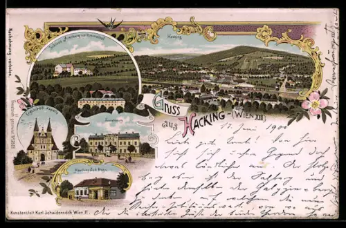 Lithographie Wien, Hacking, Handlung Joh. Pöhn, Schloss Arenberg, Erzbischöfl. Kapelle, Sanatorium