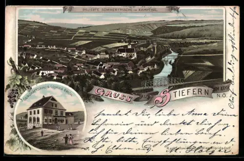 Lithographie Stiefern am Kamp, Geschäftshaus von Leopold Brich, Totalansicht des Ortes am Fluss