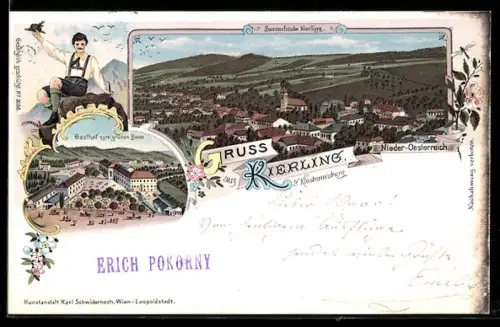 Lithographie Kierling b. Klosterneuburg, Gasthof zum grünen Baum, Teilansicht