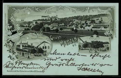 Mondschein-Lithographie Matzen /N. Ö., Herrschaftliches Gasthaus, Partie in Matzen, Kinsky`sches Schloss