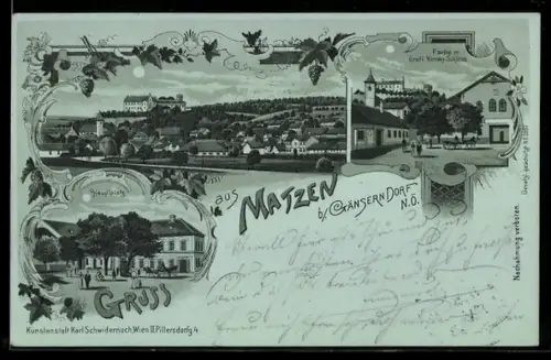 Mondschein-Lithographie Matzen b. Gänserndorf, Partie am Gräfl. Kinsky Schloss, Hauptplatz, Totalansicht des Ortes