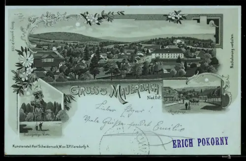 Mondschein-Lithographie Mauerbach /Nied.Öst., Tulbingerkogel-Warte, Hauptstrasse, Totalansicht des Ortes