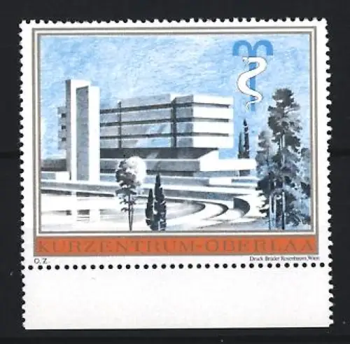 Reklamemarke Oberlaa, Kurzentrum, modernes Gebäude mit Äskulapstab