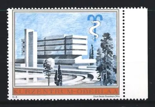 Reklamemarke Oberlaa, Kurzentrum, modernes Gebäude mit Äskulapstab