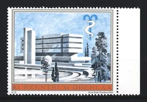 Reklamemarke Oberlaa, Kurzentrum, modernes Gebäude mit Äskulapstab