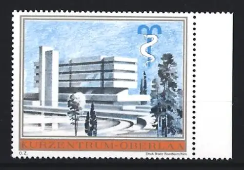 Reklamemarke Oberlaa, Kurzentrum, Gebäudeansicht mit Äskulapstab