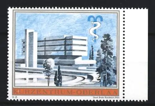 Reklamemarke Oberlaa, Kurzentrum, modernes Gebäude und Äskulapstab
