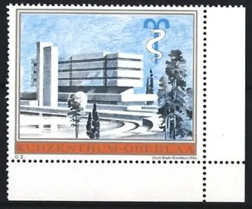 Reklamemarke Oberlaa, Kurzentrum, modernes Gebäude mit Äskulapstab