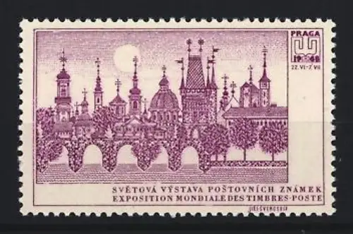 Reklamemarke Praga, Weltausstellung der Briefmarken 1968, Ortsansicht mit Türmen