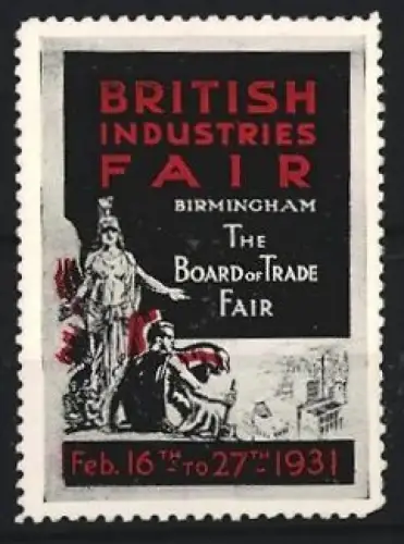 Reklamemarke Birmingham, British Industries Fair 1931, Statue und Fabrikszene