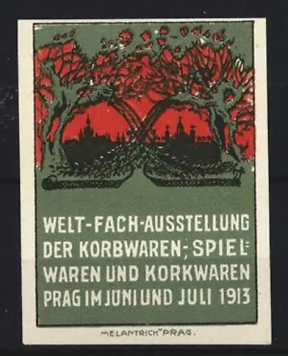 Reklamemarke Prag, Welt-Fach-Ausstellung der Korbwaren und Spielwaren 1913, Bäume und Skyline