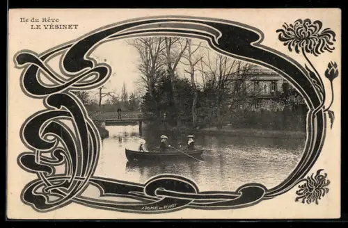 AK Le Vésinet, Ile du Rêve, Bateau sur la rivière, Art nouveau