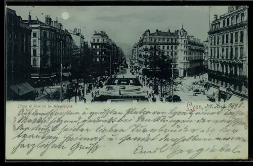 Mondschein-AK Lyon, Place et Rue de la République