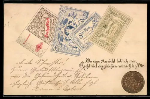 Präge-Lithographie So eine Ansicht..., Markscheine u. Münze