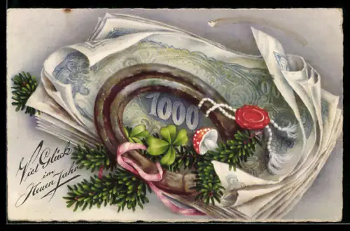 AK Bündel Geldscheine beschwert mit Hufeisen, Klee und Fliegenpilzen